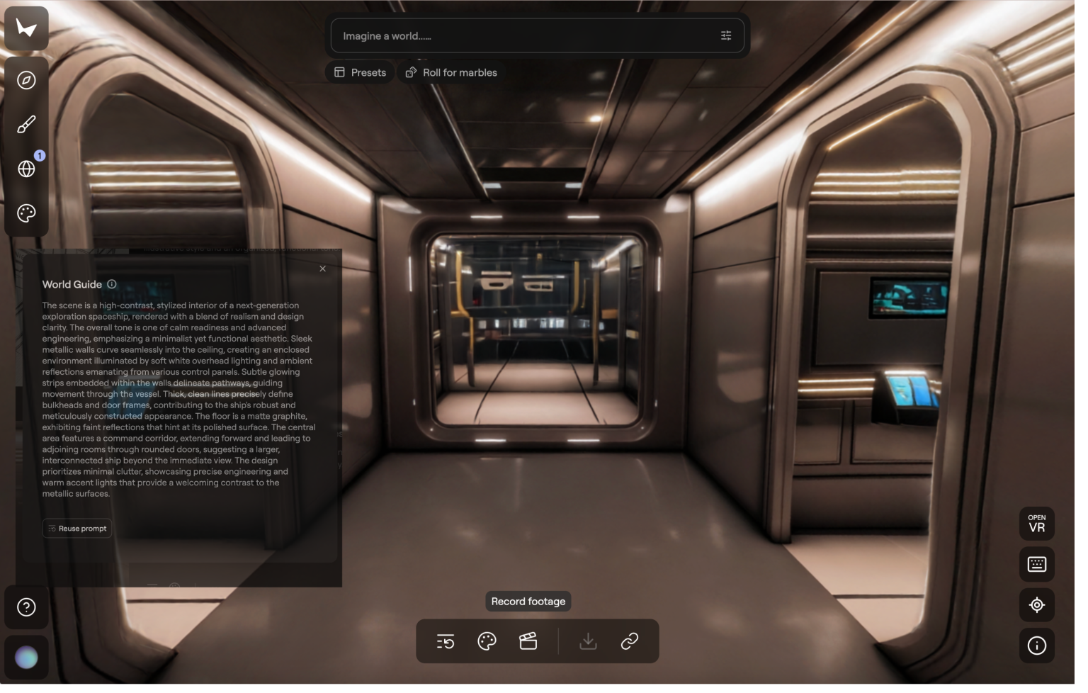 在 Marble 中通过文本提示创建的宇宙飞船环境。注意灯光如何真实地反射在中枢墙壁上